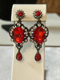 Vintage Red Rhinestone Victorian Revival Dangle Earrings Antique Brass 2"