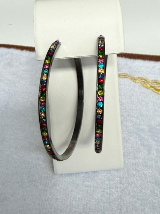 Vtg Hoop Earrings Multi-color Iridescent Rhinestones black metal