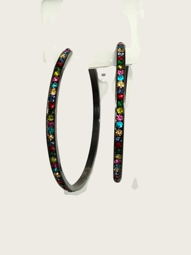 Vtg Hoop Earrings Multi-color Iridescent Rhinestones black metal