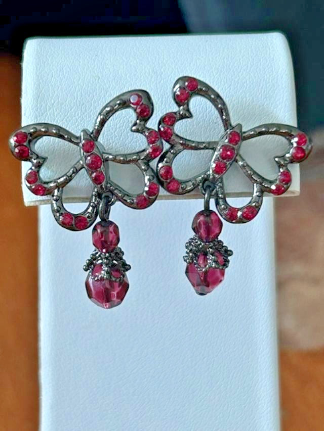 Pink Rhinestone Butterfly Dangle Earrings Gunmetal Tone Pierced