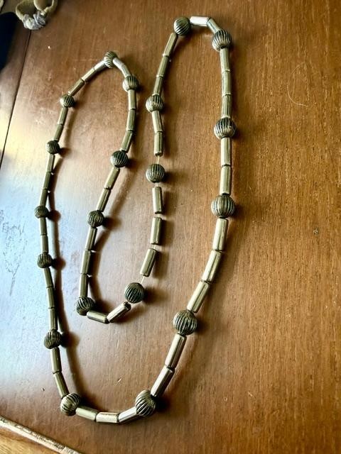 Vintage Silver Tone Ribbed Bead Tube Necklace Southwestern Style 35"