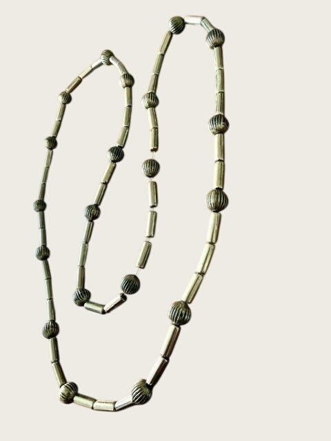 Vintage Silver Tone Ribbed Bead Tube Necklace Southwestern Style 35"