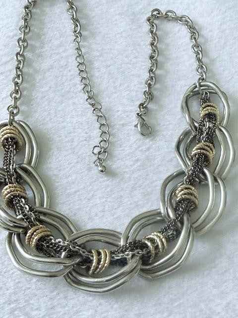 Mixed Metal Chunky Oval Link Multi Strand Statement Necklace Silver Gold Tone