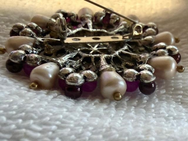 OOAK Upcycled Statement Brooch Faux Pearl Purple Bead Rhinestone Filigree Pin 2"