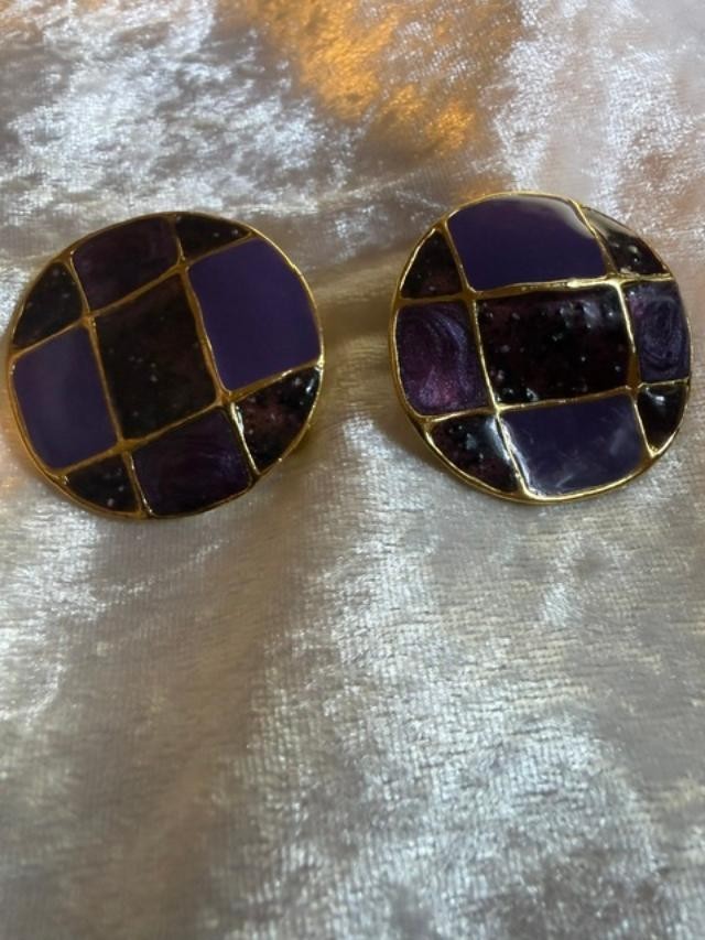 Vintage Clip-On Earrings. Purple & Gold Circle.,  1.5”Diam