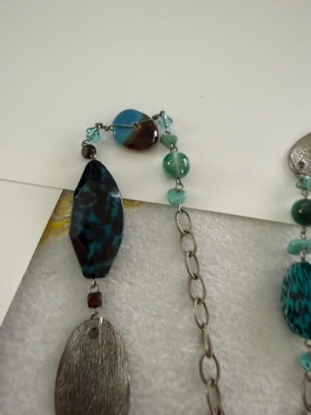 Boho Long Station Necklace Silver Tone Teal Resin Glass Beads Turquoise Chips 34