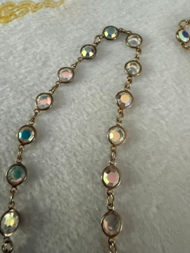 Gold Tone Aurora Borealis Crystal Station Necklace 17" Faceted No Clasp