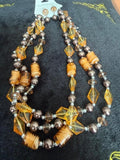 Amber Color  Glass Three Strand Necklace. Hook on Earring Set