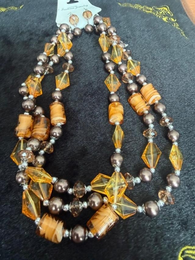 Amber Color  Glass Three Strand Necklace. Hook on Earring Set