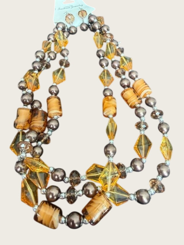 Amber Color  Glass Three Strand Necklace. Hook on Earring Set