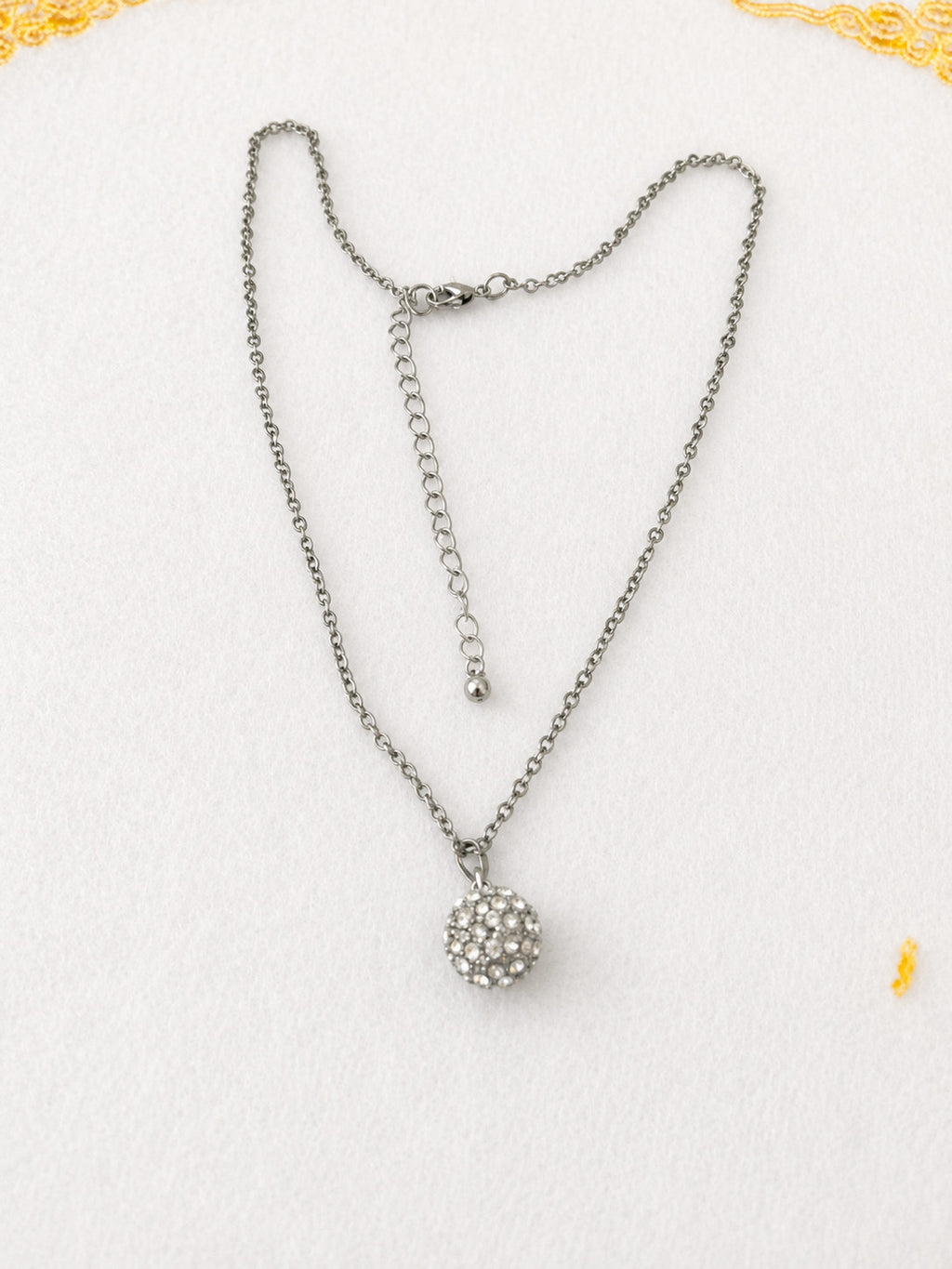 Silver Tone Pave Crystal Ball Pendant Necklace 18.5-22” Adjustable
