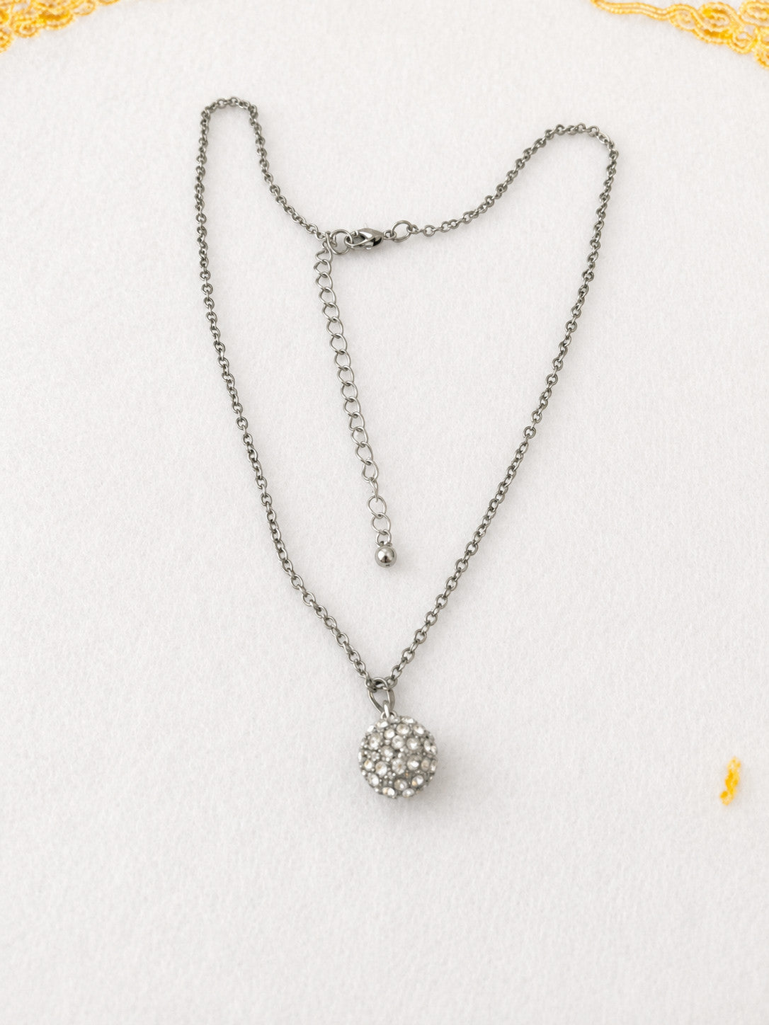 Silver Tone Pave Crystal Ball Pendant Necklace 18.5-22” Adjustable