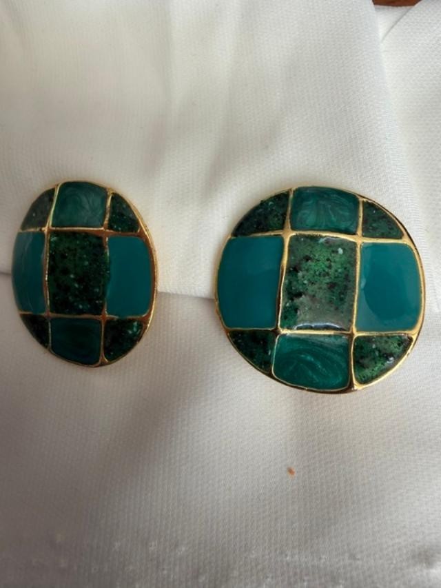Vintage Clip-On Earrings : Deep teal green, turquoise & Gold Circle:  1.5”Diam.