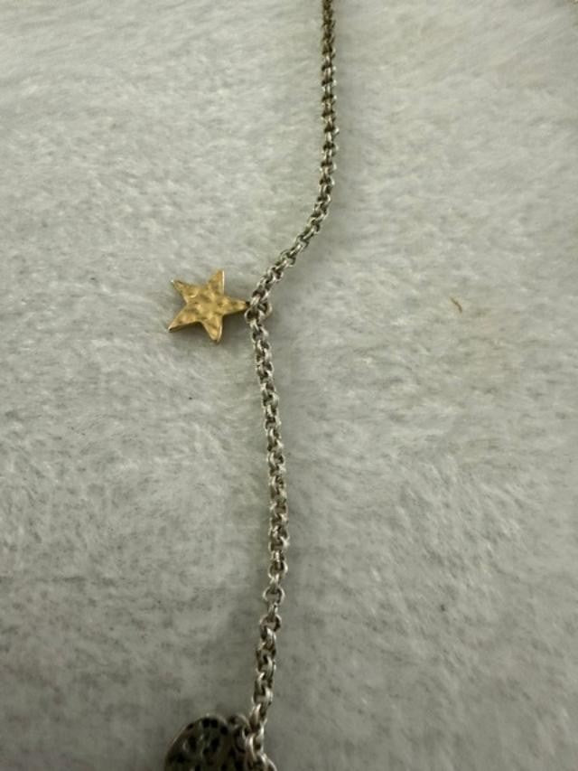 AEO American Eagle Silver Tone Charm Necklace 27" Peace Sign Heart Star