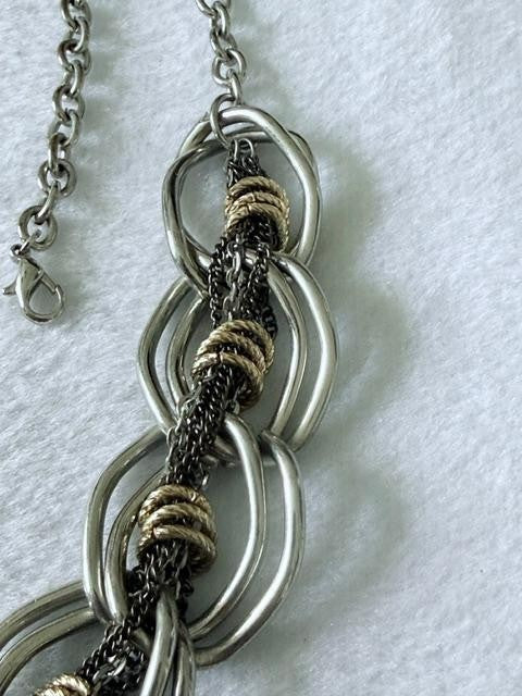 Mixed Metal Chunky Oval Link Multi Strand Statement Necklace Silver Gold Tone