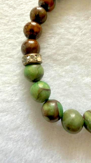 Green Brown Jasper Beaded Stretch Bracelet Rhinestone Spacer Accents