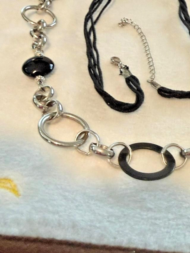 Black Cord Silver Tone Oval Link Statement Necklace 40 Inch Long
