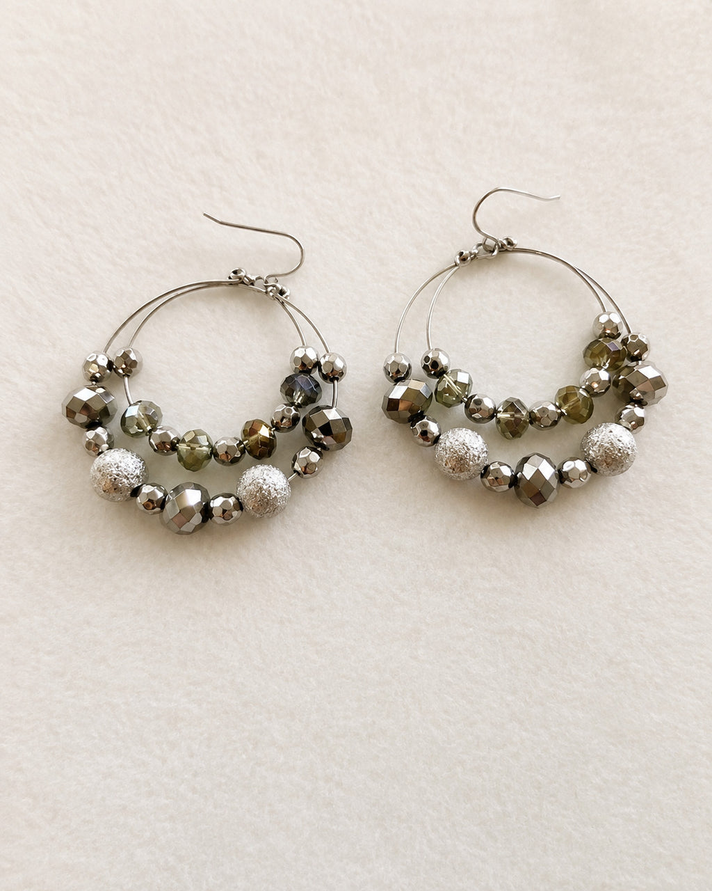 Silver Tone Double Hoop Smoky Faceted Bead Dangle Earrings