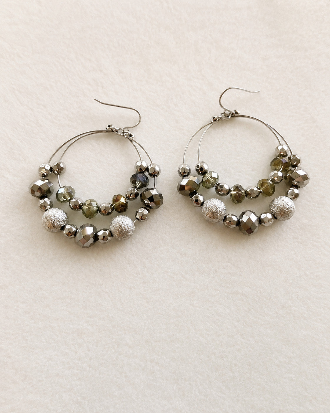 Silver Tone Double Hoop Smoky Faceted Bead Dangle Earrings