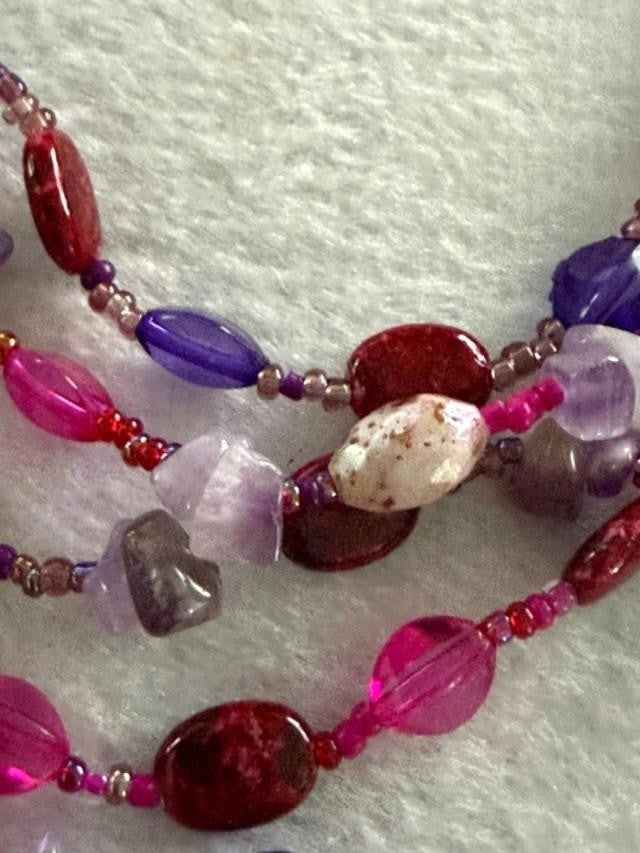Multi Strand Boho Beaded Necklace Matching Earrings Purple Pink Set 30 inch