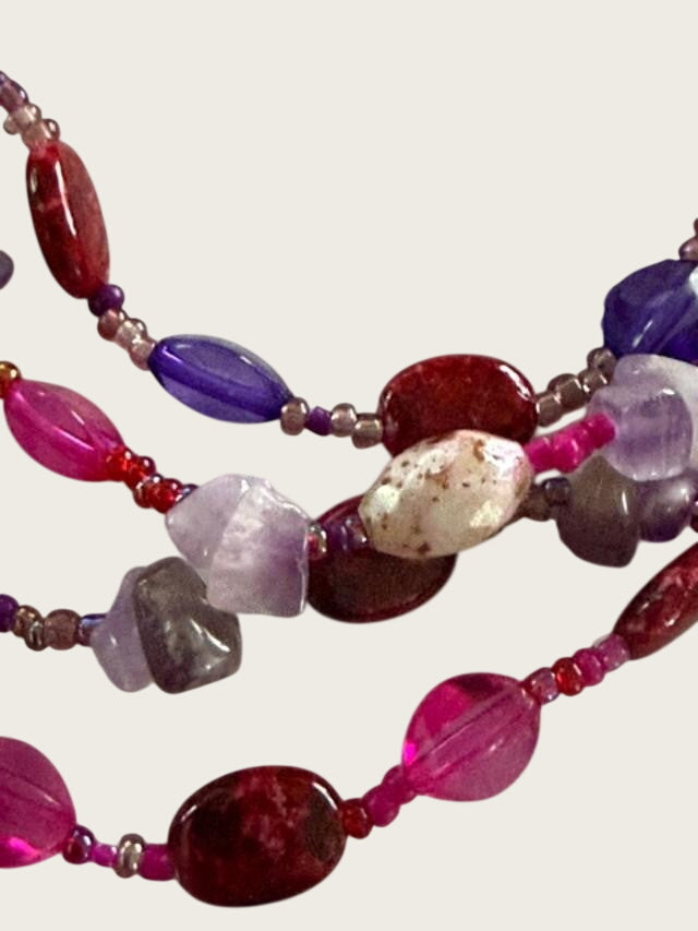 Multi Strand Boho Beaded Necklace Matching Earrings Purple Pink Set 30 inch