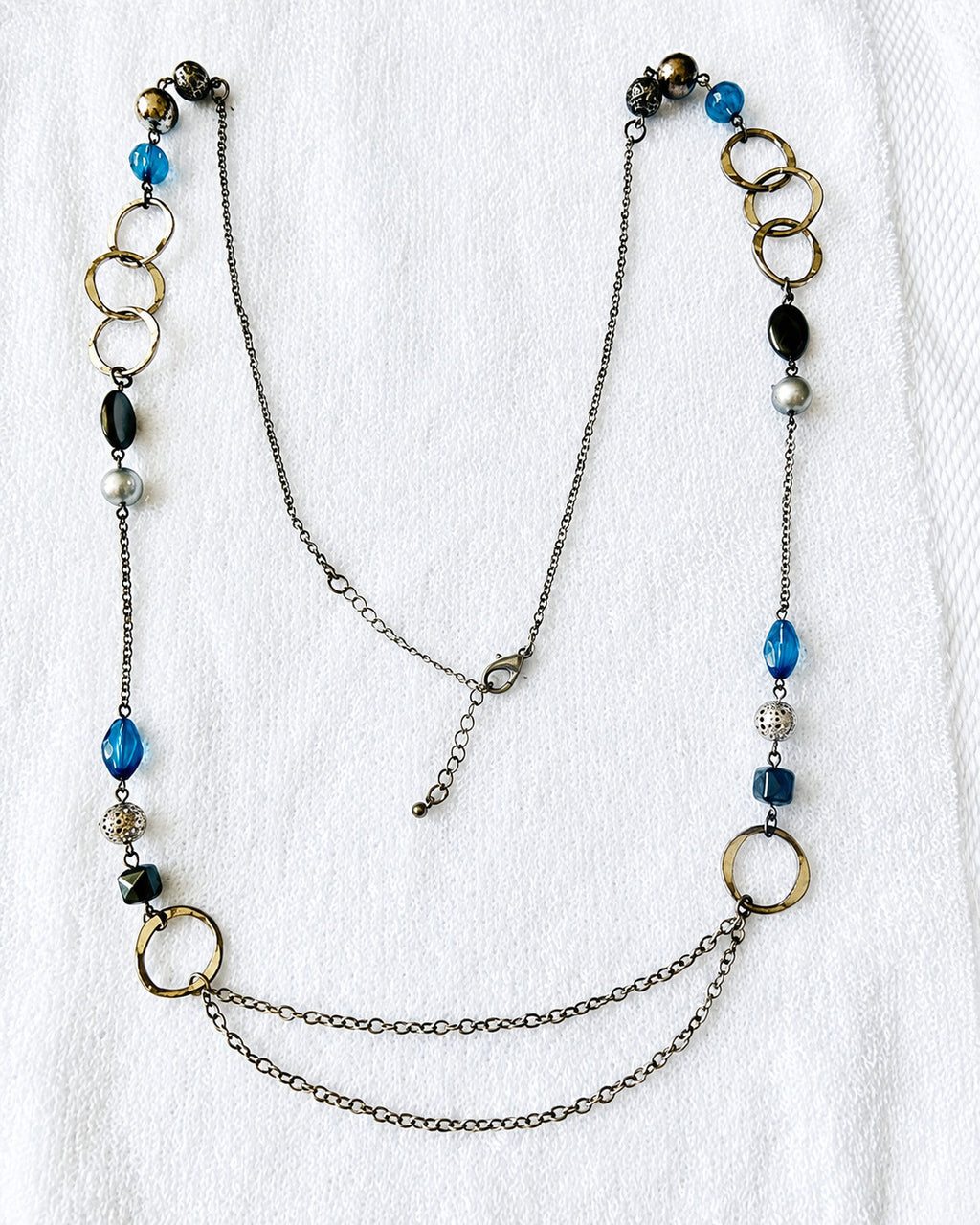 Blue Black Beaded Mixed Metal Long Station Double Chain Necklace 40"