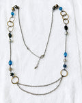 Blue Black Beaded Mixed Metal Long Station Double Chain Necklace 40"