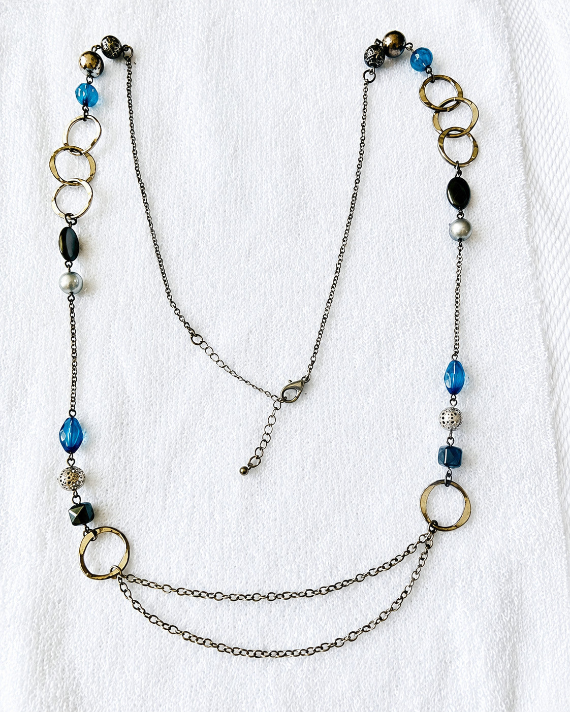 Blue Black Beaded Mixed Metal Long Station Double Chain Necklace 40"