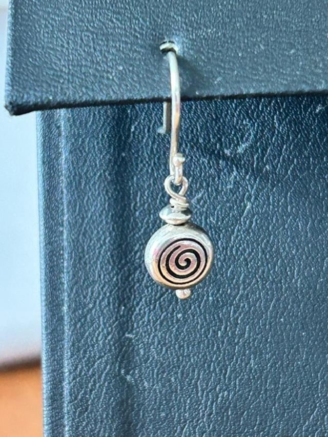 Petite Silver Tone Spiral Bead Dangle Hook Earrings .5”