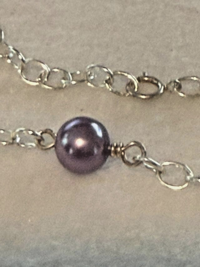 Long Silver Tone Purple Faux Pearl Station Necklace 40 Inch