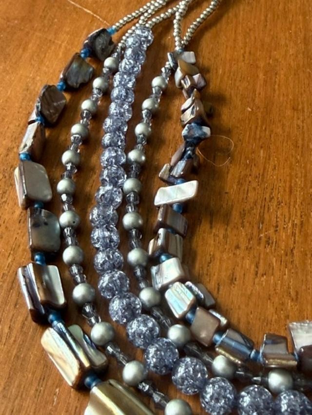 5-Strand Blue Gray Shell Crackle Bead Statement Necklace 24”