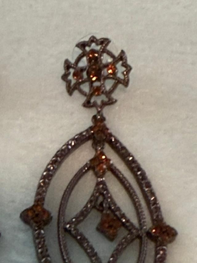 Art Deco Style Gunmetal Cognac Rhinestone Openwork Dangle Earrings 3 Inch