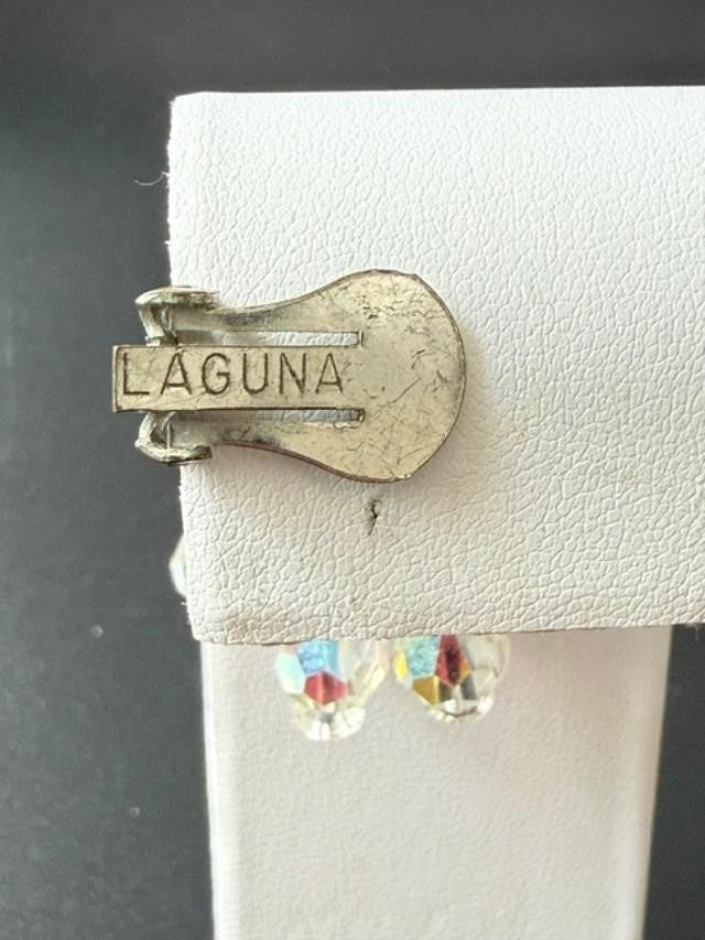 Vintage Laguna AB Crystal Beaded Cluster Clip On Earrings dangle glass