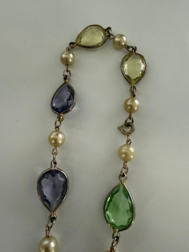 Long Multicolor Teardrop Glass Faux Pearl Station Necklace 54"