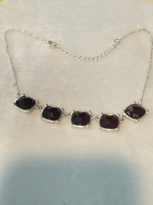 Garnet Red Faceted Glass 5-Stone Silver Tone Necklace 16-19