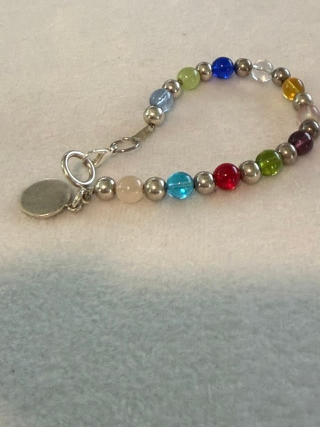 Vtg 90s Sterling Silver Round Bead Glass Bead Bracelet Toggle Clasp 7.5”