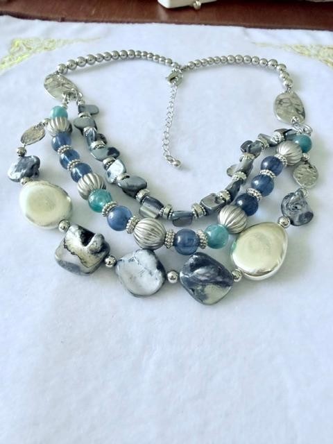 Blue Gray Multi-Strand Shell Bead Statement Necklace Silver Tone 21"