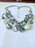 Blue Gray Multi-Strand Shell Bead Statement Necklace Silver Tone 21"