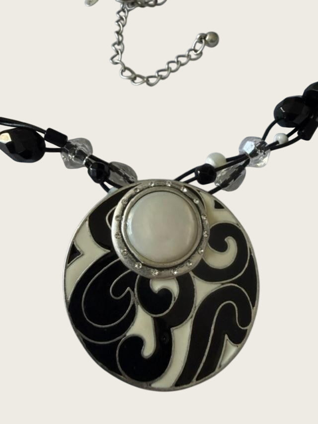 Chico's Black White Enamel Pendant Necklace & Earrings Set 18" Statement