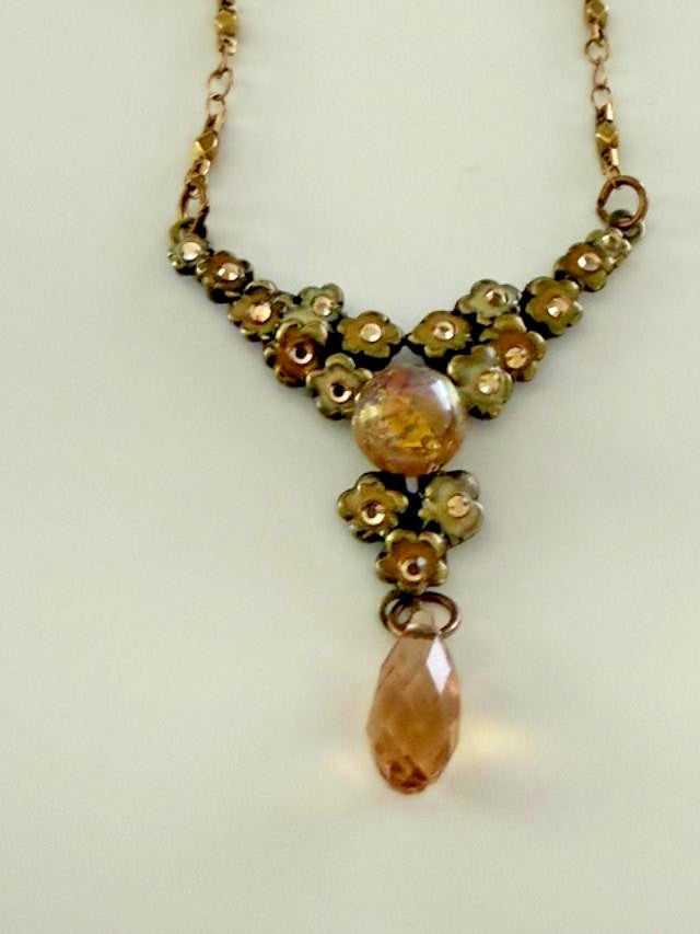 Anne Koplik Designs Floral Rhinestone Y Drop Necklace Bronze Tone 18.5"