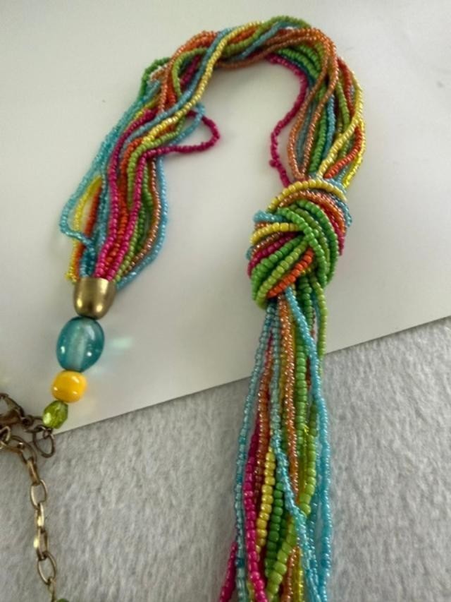 40" Multi Strand Rainbow Seed Bead Necklace Boho Knot Colorful Beaded