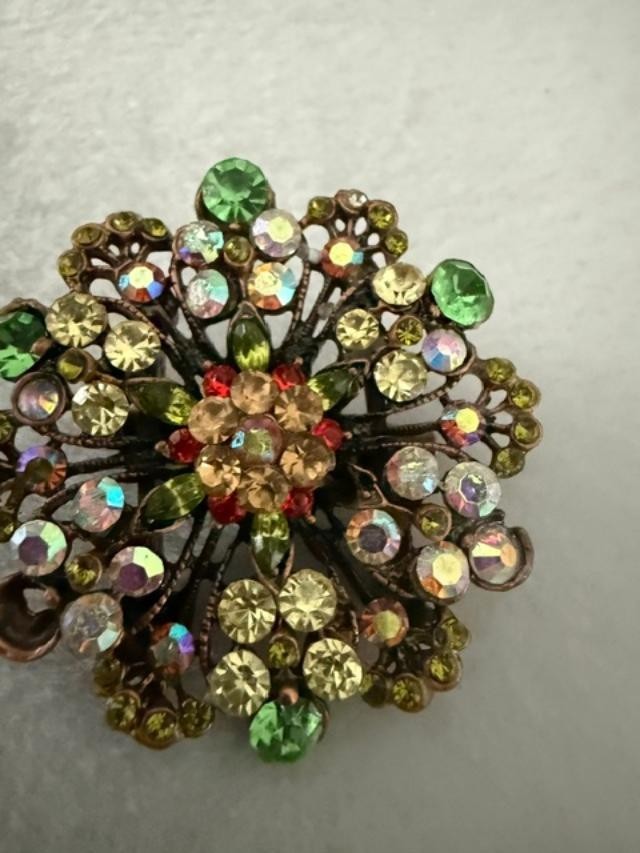 Vintage Style Rhinestone Flower Brooch Pin Green AB Crystal 2" Repurposed