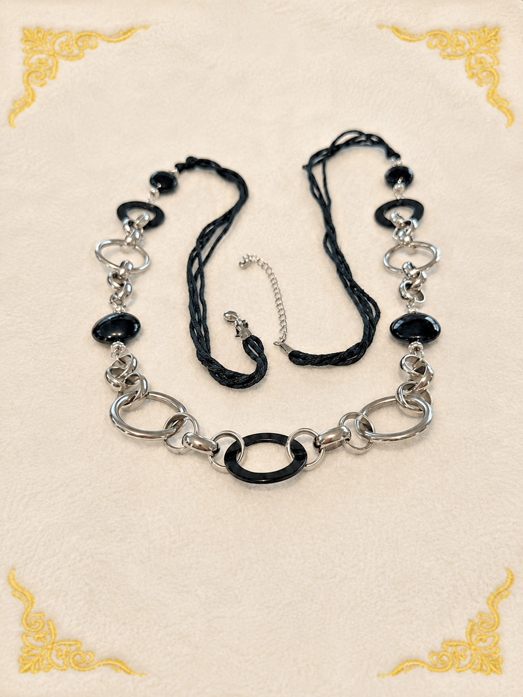 Black Cord Silver Tone Oval Link Statement Necklace 40 Inch Long
