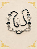 Black Cord Silver Tone Oval Link Statement Necklace 40 Inch Long