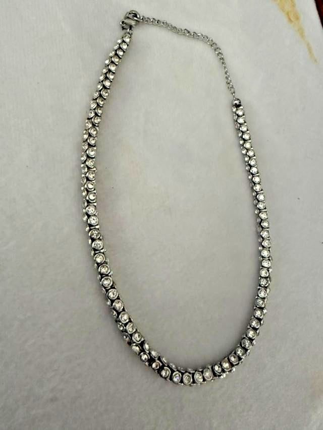 Silver Tone Clear Rhinestone Tennis Choker Necklace 13-16" Adjustable