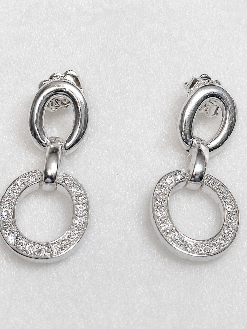 Silver-Tone Clear Rhinestone Double Circle Drop Earrings Pierced