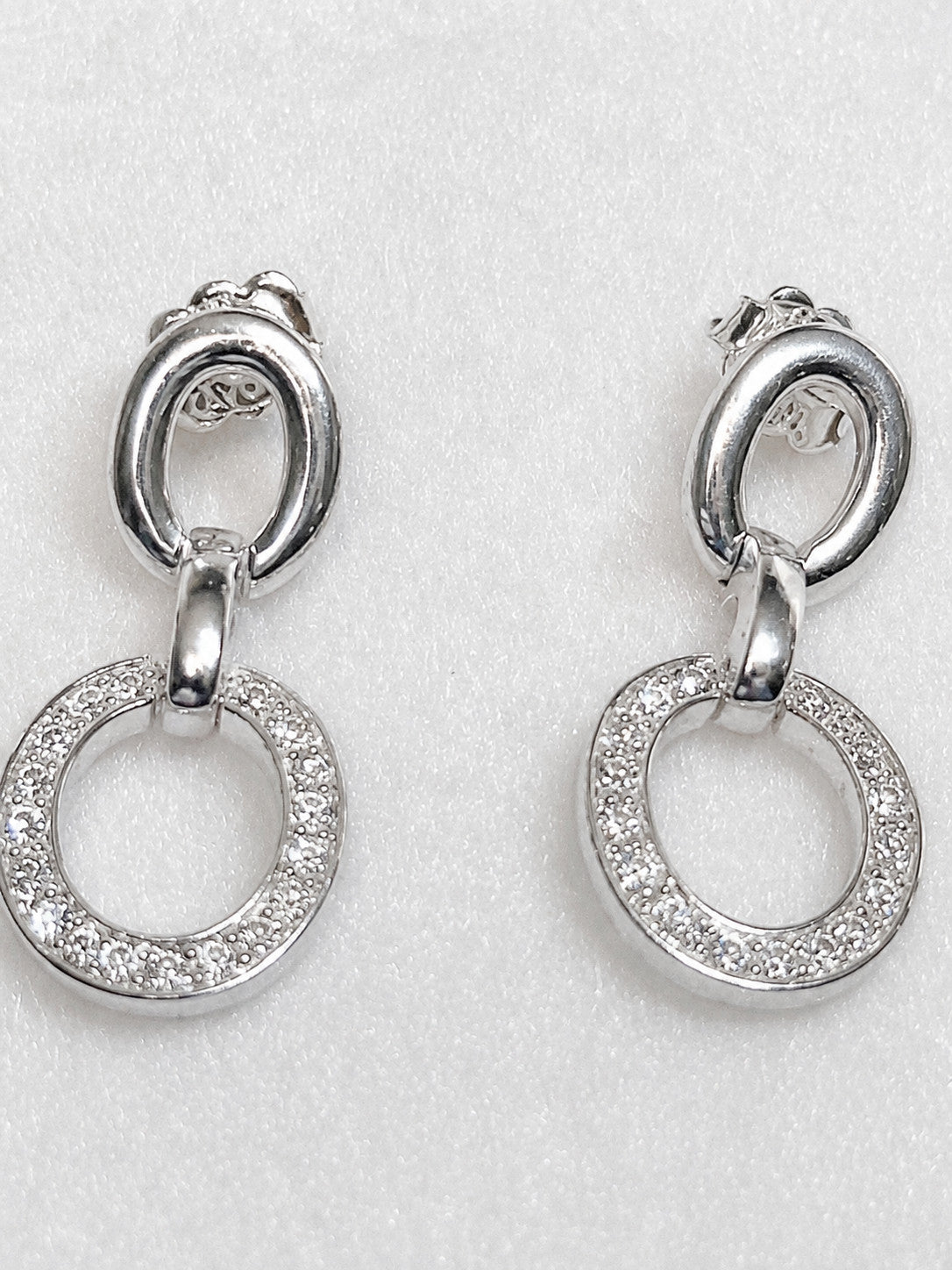 Silver-Tone Clear Rhinestone Double Circle Drop Earrings Pierced