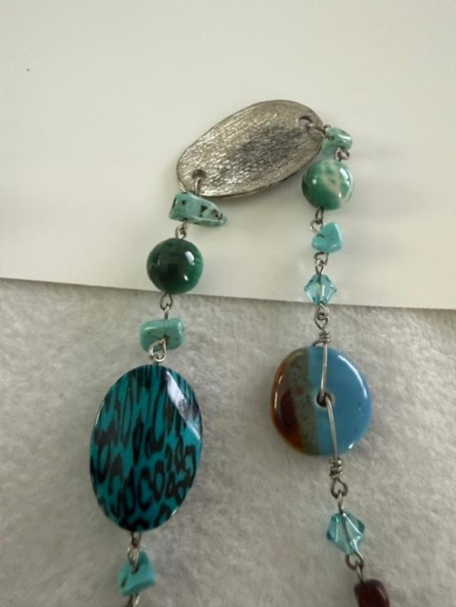 Boho Long Station Necklace Silver Tone Teal Resin Glass Beads Turquoise Chips 34