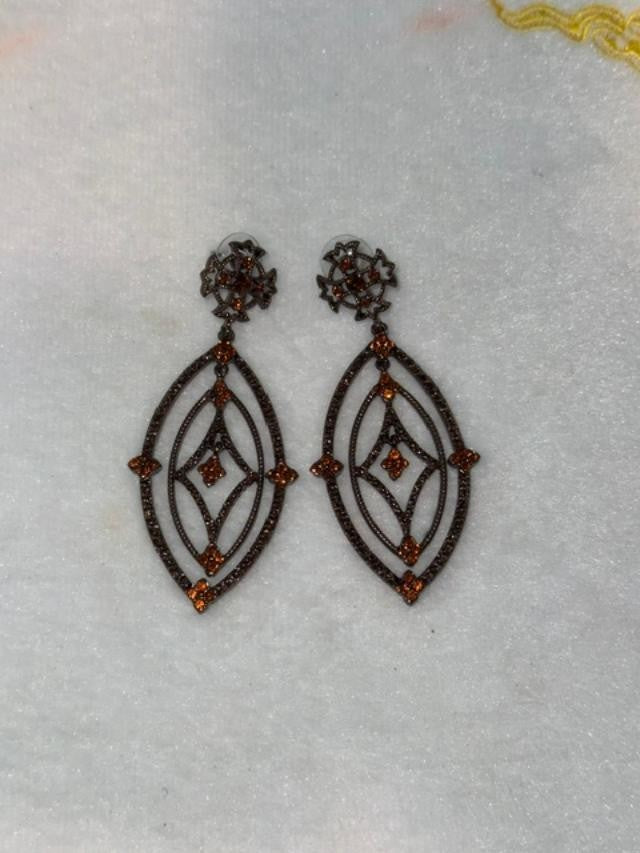 Art Deco Style Gunmetal Cognac Rhinestone Openwork Dangle Earrings 3 Inch