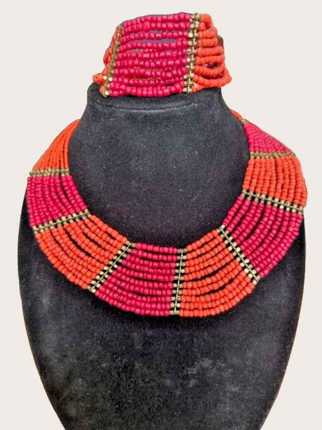 Original Vintage African Ethnic Necklace - Orange - Metal - Maroon - Bohemian